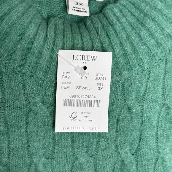 J Crew Sweater Womens 3X Green Soft Cable Knit Pullover Wool Blend Winter NEW - Picture 3 of 5
